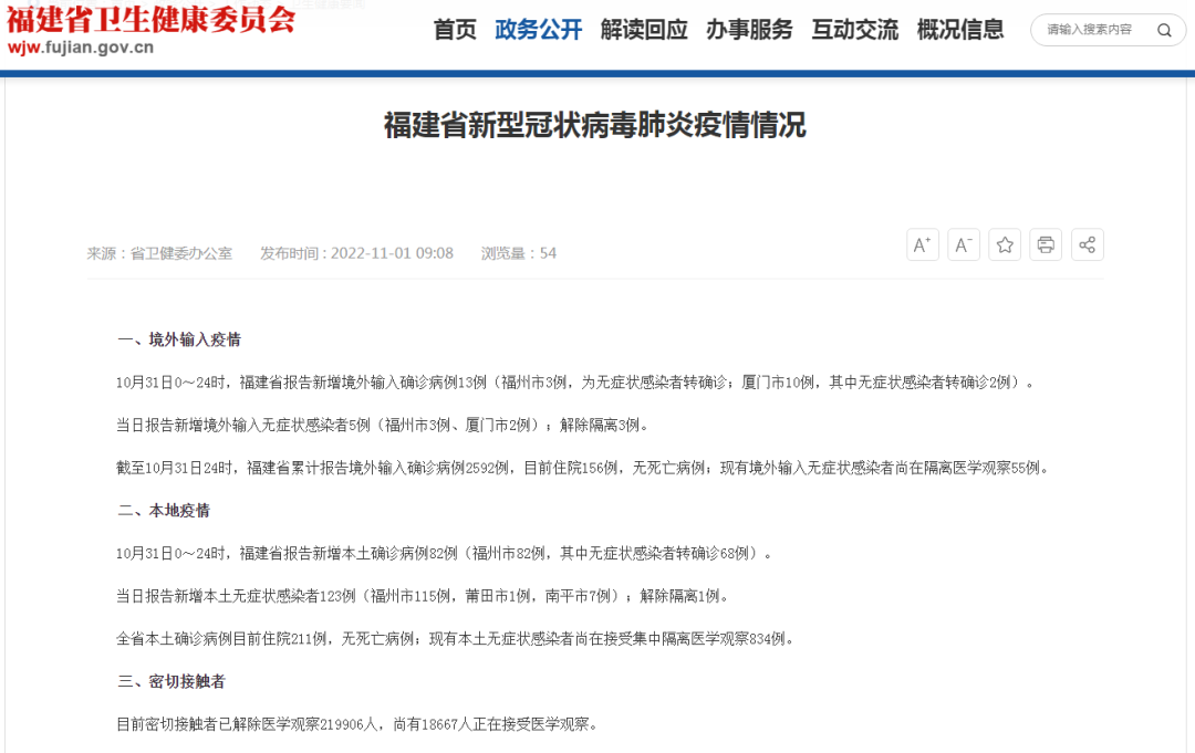 10月31日福建省新冠疫情情况：新增本土确诊病例82例无症状感染者123例休闲区蓝鸢梦想 - Www.slyday.coM