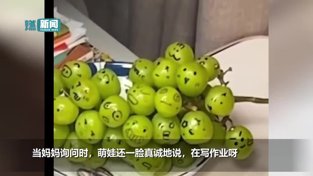 萌娃写作业开小差在葡萄上绘画网友有画表情包的天赋