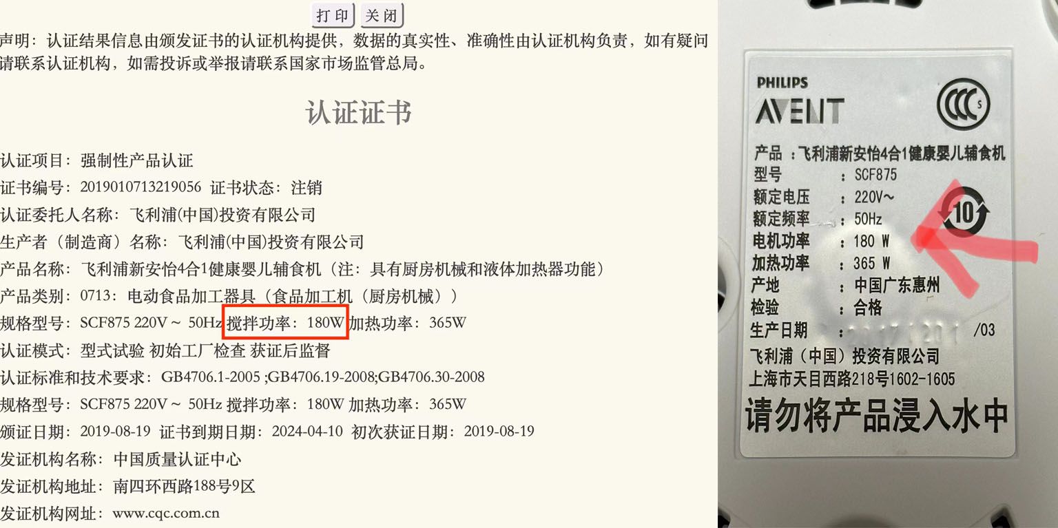 王海展示的一款飞利浦牌破壁机的外壳标示的“电机功率”与其强制性产品认证证书上的“搅拌功率”一致。受访者供图。