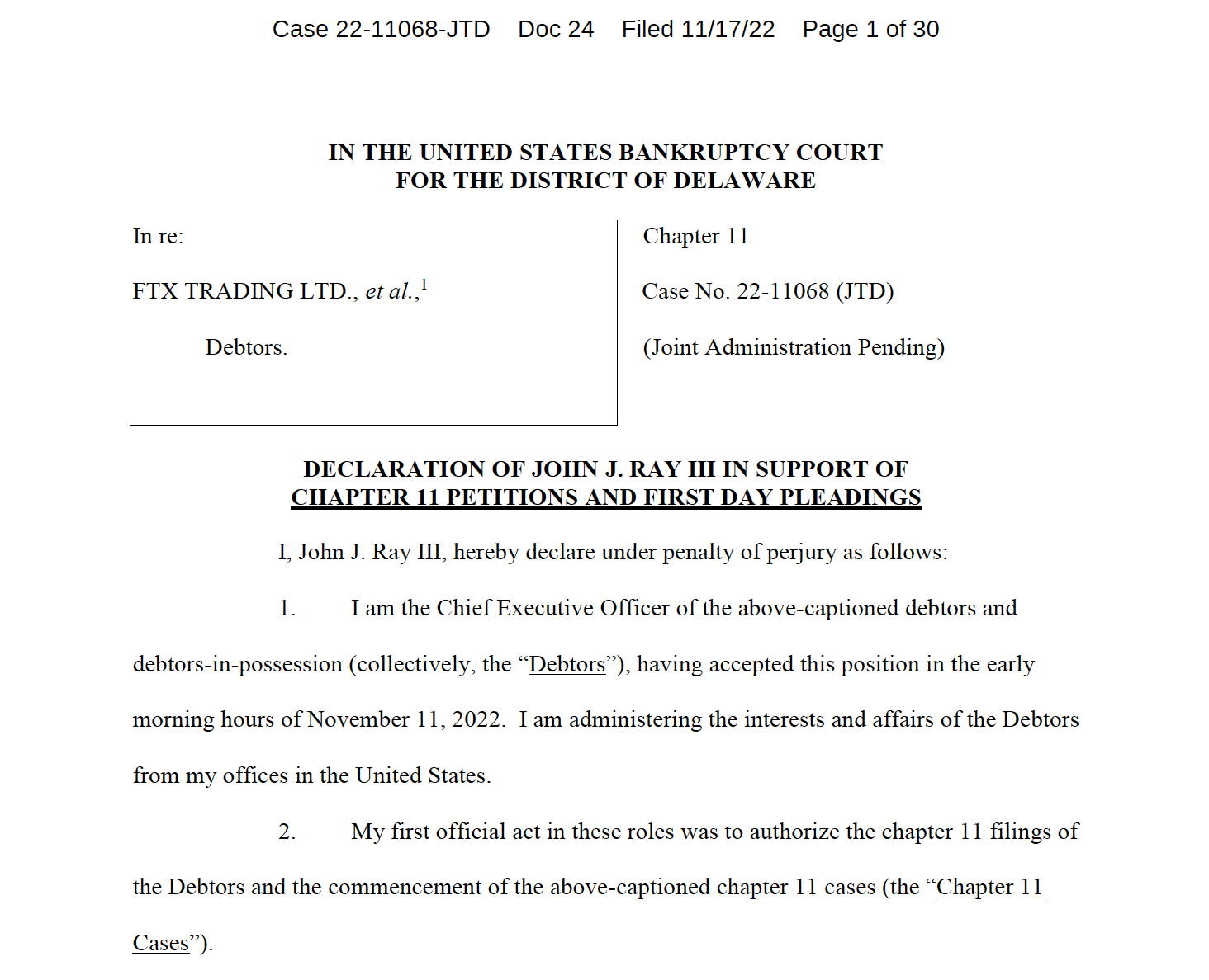 FTX首席执行官Ray向美国特拉华州破产法院提交的文件首页