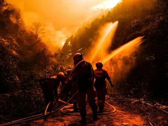 消防员在灭山火