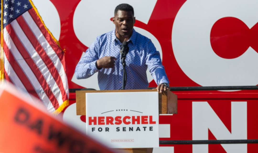 当地时间2022年11月19日，美国佐治亚州，共和党参议院候选人赫歇尔·沃克在集会上发表讲话。图/IC photo