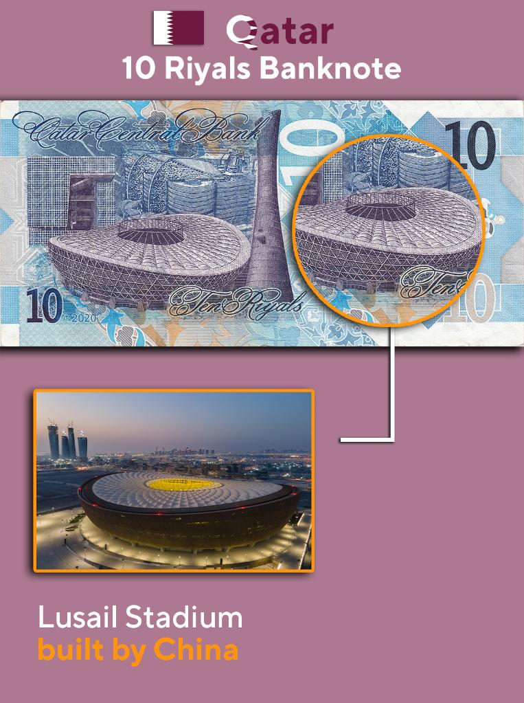 ↑卡塔尔面额10里亚尔纸币——卢赛尔球场