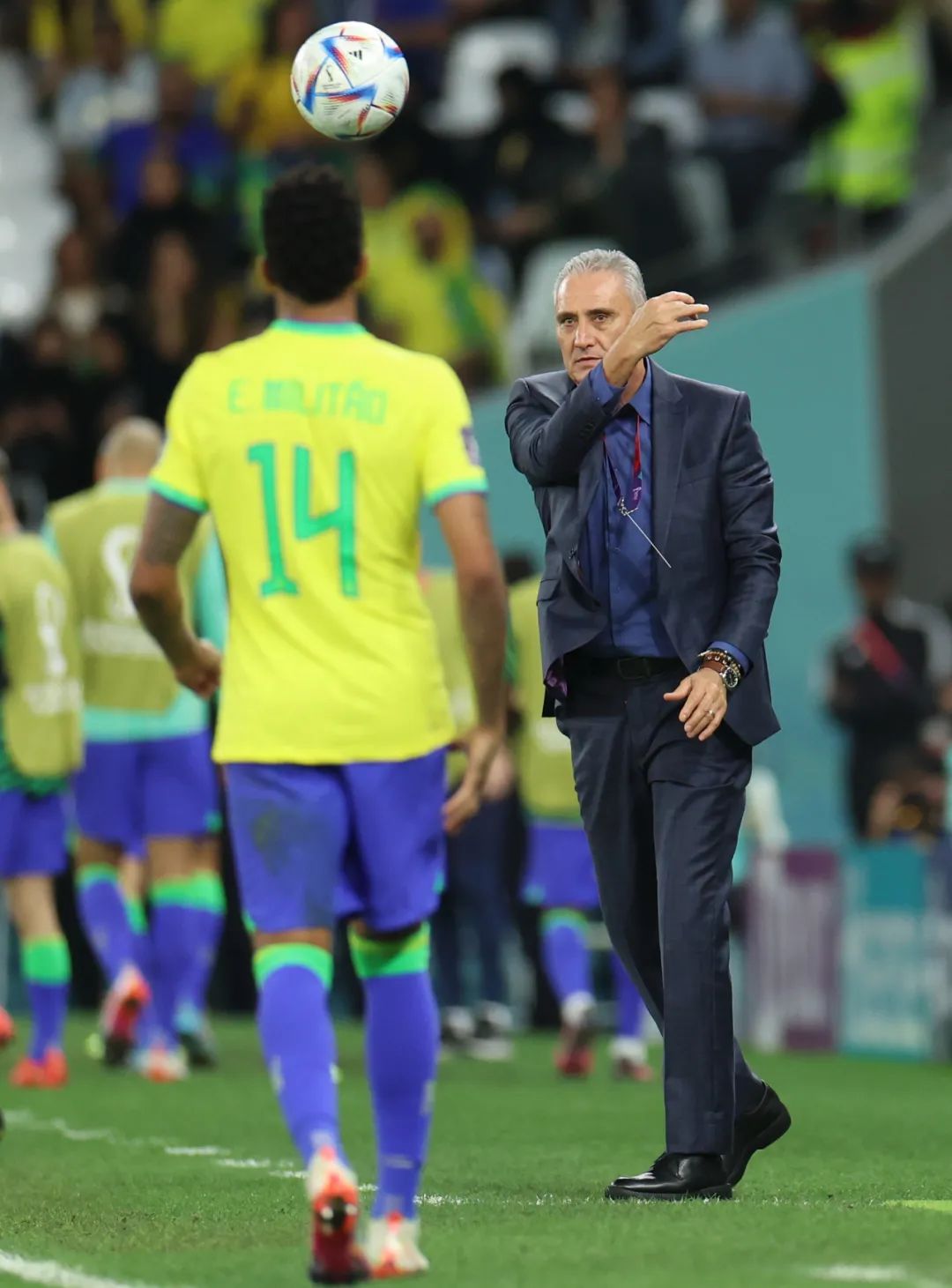 北京时间12月10日,巴西队主教练蒂特(右)在场边.图/新华社