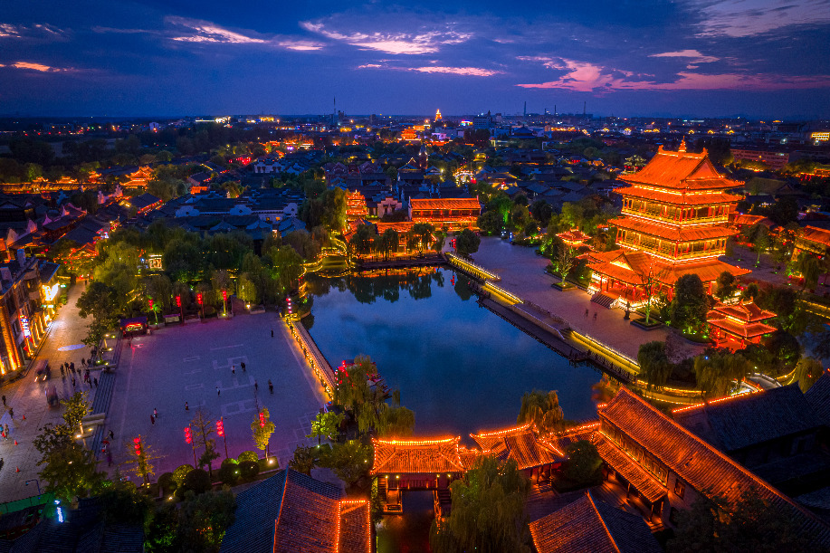 山东枣庄台儿庄古城:航拍蓝调时刻|山东省|枣庄市|台儿庄古城_新浪