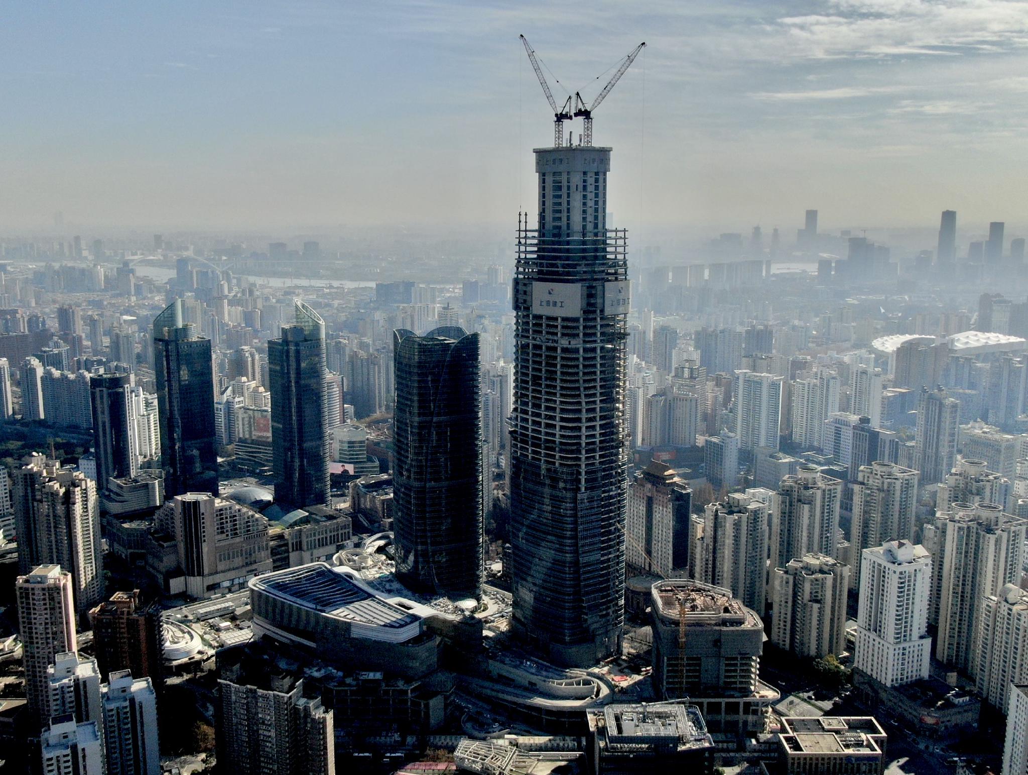 浦西在建最高楼徐家汇中心370米t2塔楼核心筒今日封顶|塔楼|上海市|平