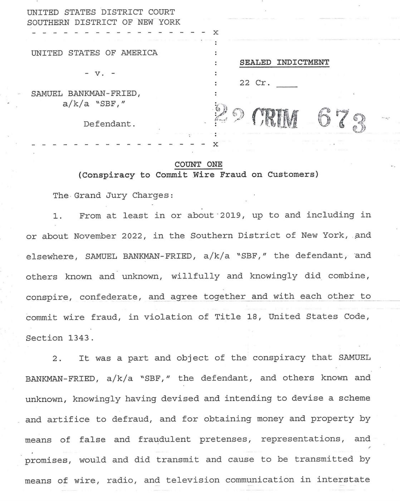 美国对班克曼-弗里德的起诉书首页。图片来自美国司法部纽约南区检察官办公室官网