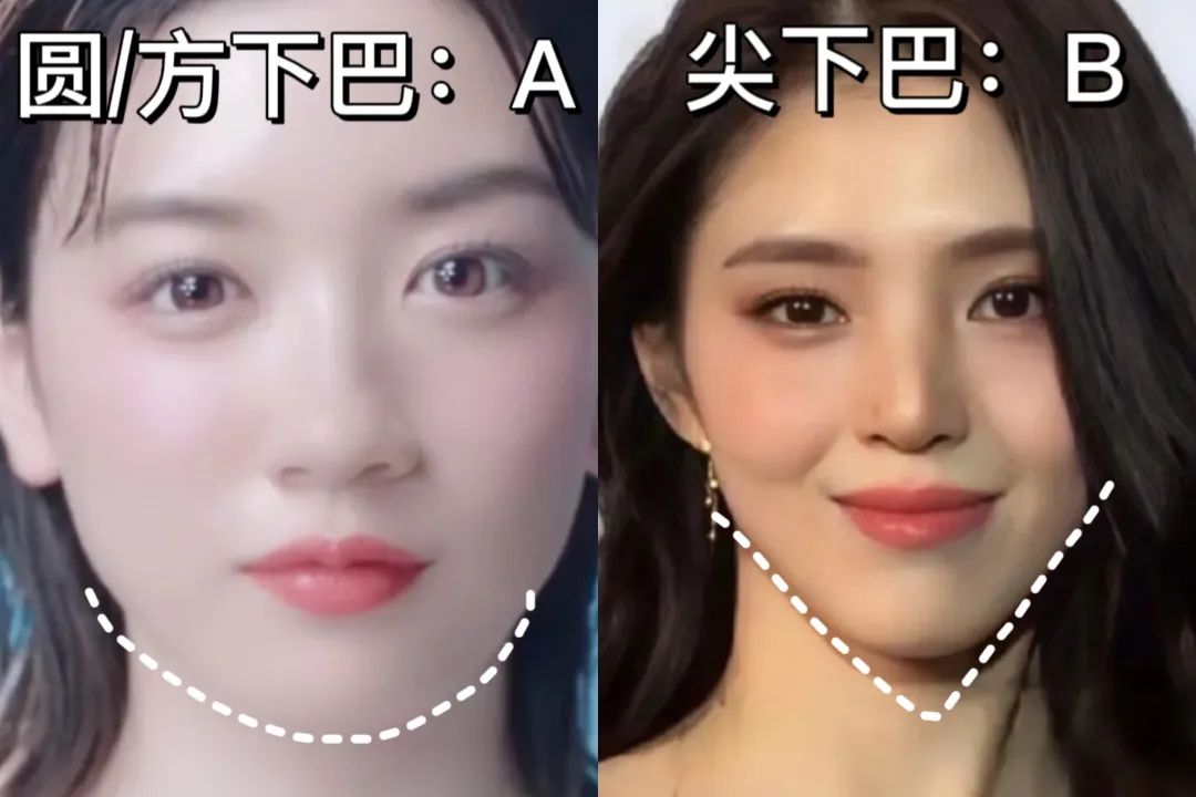 圆/方下巴(钝感足):a ;尖下巴(锐角感):b