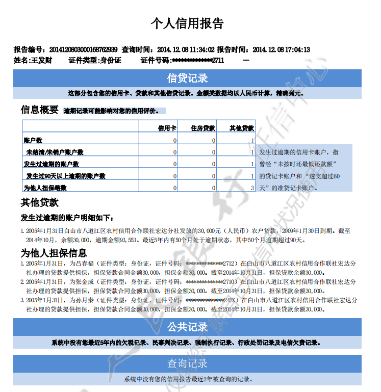 王发财的个人信用报告截图。