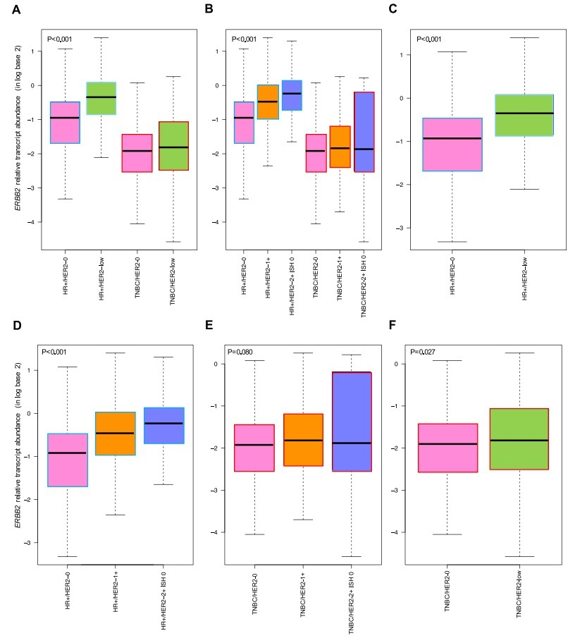 图5.按照HER2-low状态，总人群、HR阳性和TNBC人群中的ERBB2 mRNA水平