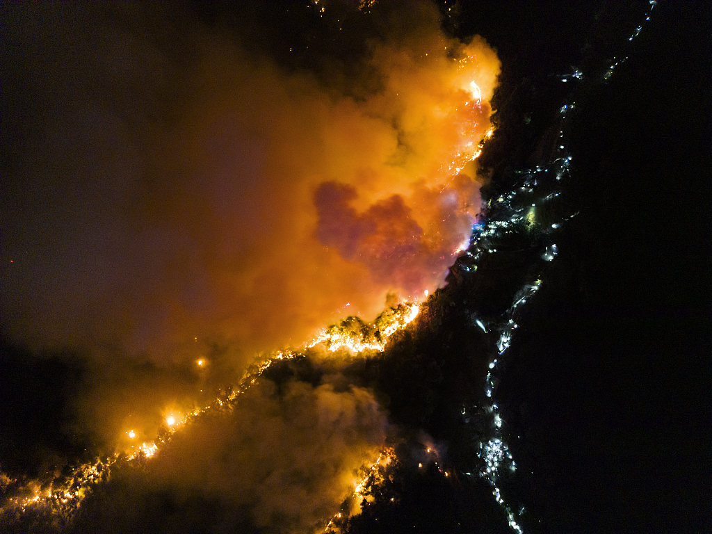2022年8月25日晚,重庆北碚山火逼近缙云山国家级自然保护区的最后一道