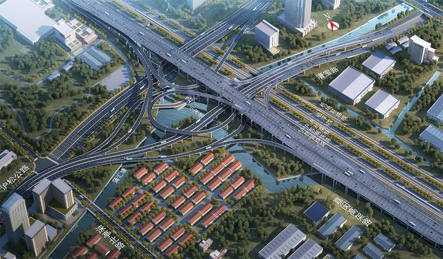 沪松公路快速路采用"主线高架 地面辅道"总体方案,路线走向沿既有沪松