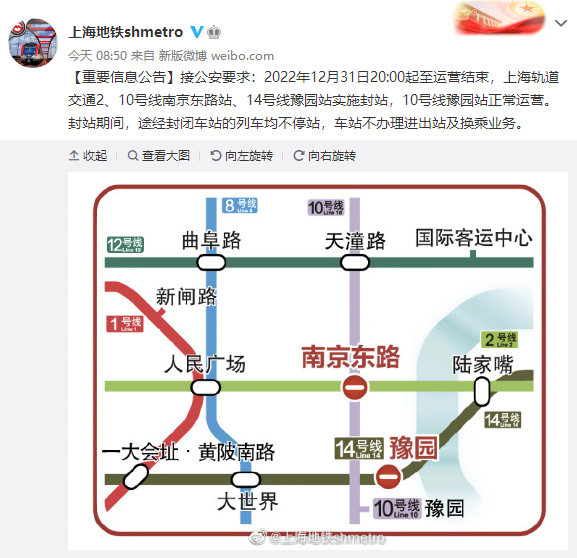 上海地铁：12月31日20时起至运营结束，这几个站点实施封站