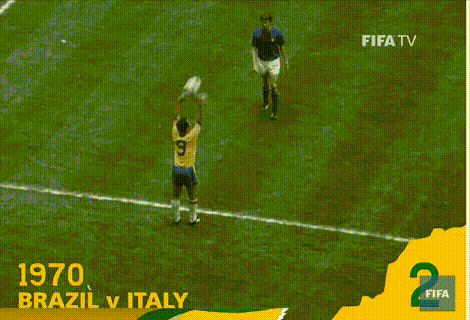 ▲1970年世界杯决赛，贝利头球为巴西首开纪录。