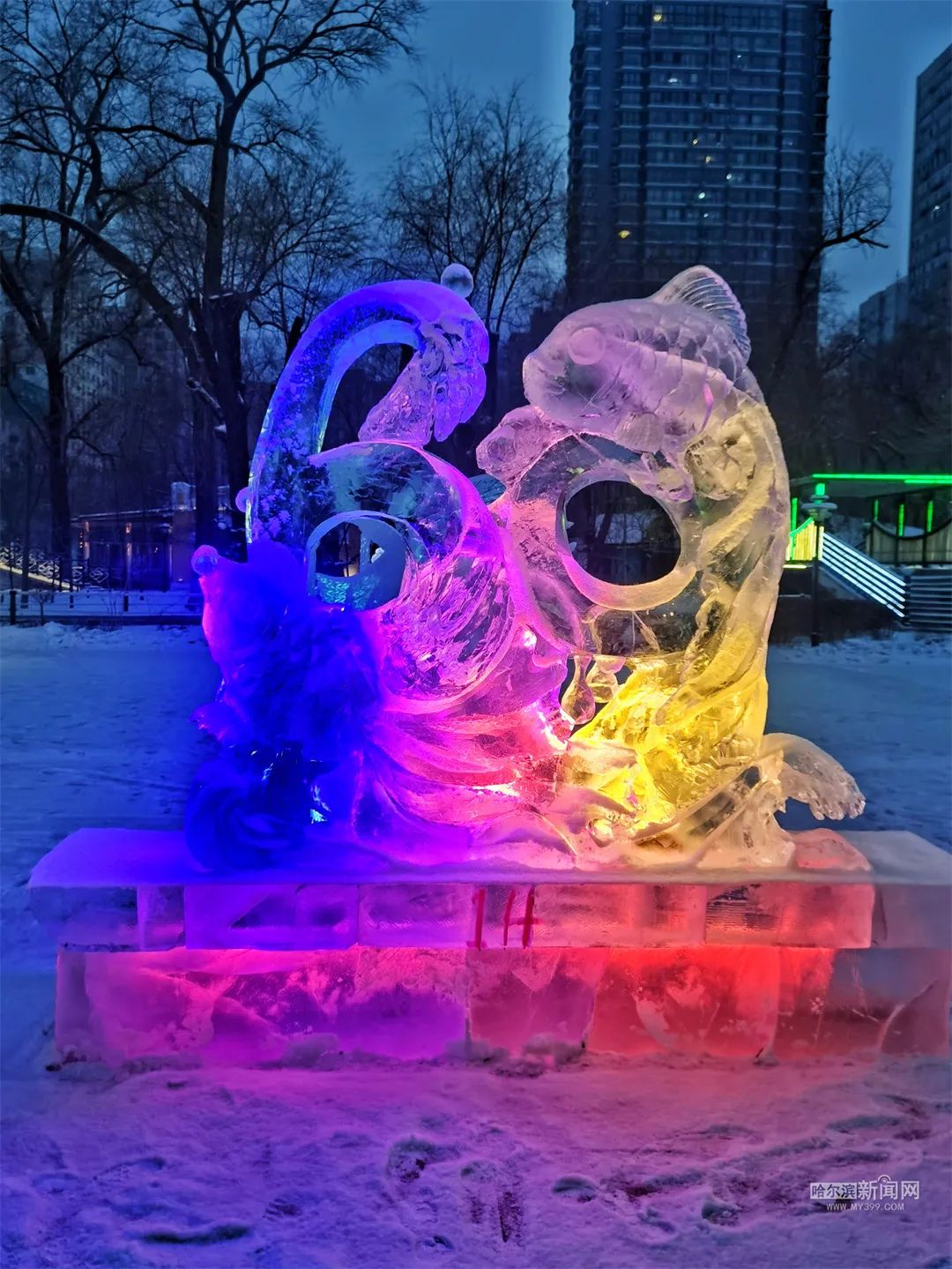 冰雕比赛由哈尔滨冰雪节组委会,黑龙江省美术家协会主办,以"冰灯之源