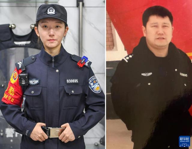 拼版照片：左图为朱荣超在长春铁路公安处长春车站派出所执勤（1月9日摄）；右图为朱荣超父亲朱铁民生前照片。