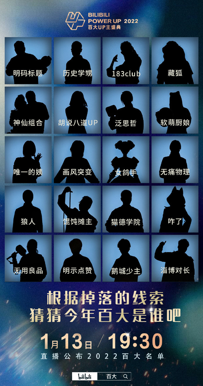 B站公布 2022 百大 UP 主剪影，1 月 13 日正式揭晓名单