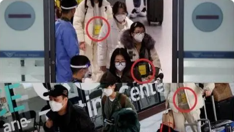 入境韩国后在机场，来自中国乘客被要求挂黄牌去单独的区域做核酸。 网络图