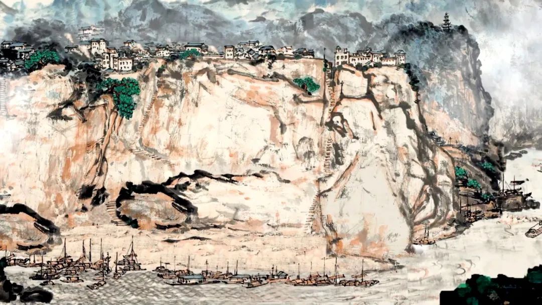 图:关山月作品《江峡图卷》(局部)