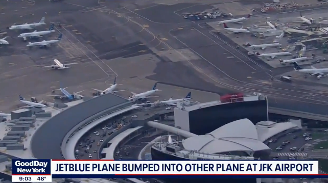 肯尼迪國際機場18日上午發生一架飛機與另一架飛機相撞事故，圖自美媒報道截圖