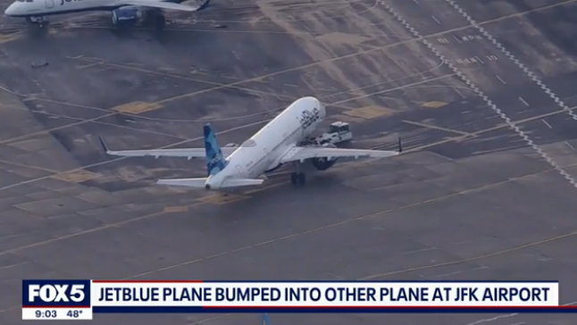 肯尼迪國際機場18日上午發生一架飛機與另一架飛機相撞事故，圖自美媒報道截圖