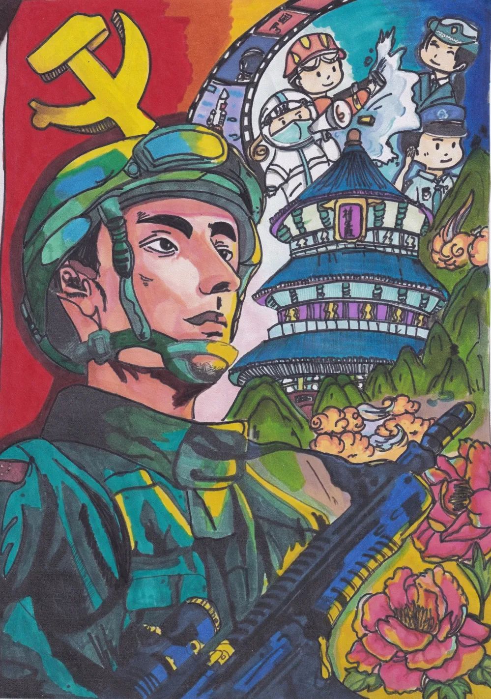 一幅幅精美的作品展现了军人的光辉形象和学生们对中国人民解放军的