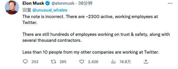 推特只剩1300员工？马斯克回应：还有2300活跃雇员