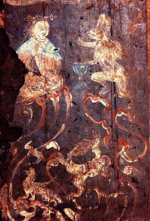 图5:新莽玉兔奉药西王母,河南偃师高龙乡辛村新莽墓壁画