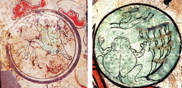 图4:汉代墓葬壁画中的月中蟾蜍和兔子形象(左:洛阳浅井头西汉墓,右