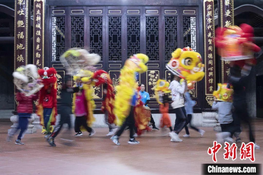 广州猎德幼狮班的学员在猎德李氏宗祠练习舞狮基本功。陈楚红 摄