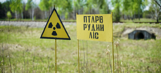 在乌克兰切尔诺贝利，一个警告有辐射危险的标识 图自世卫组织官网