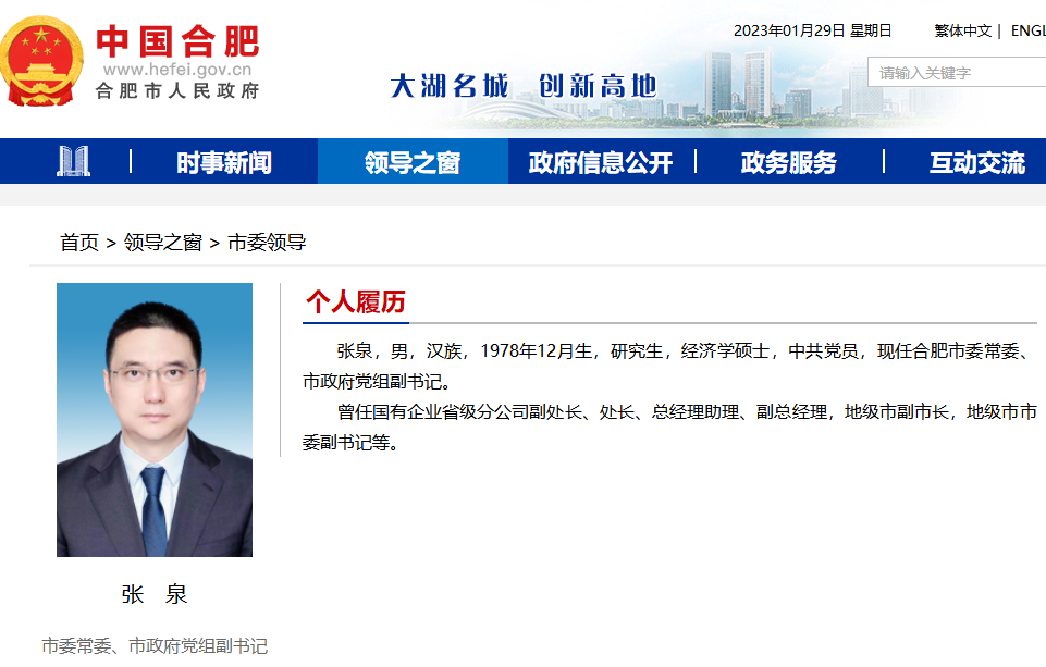 他任合肥市委常委,市政府党组副书记