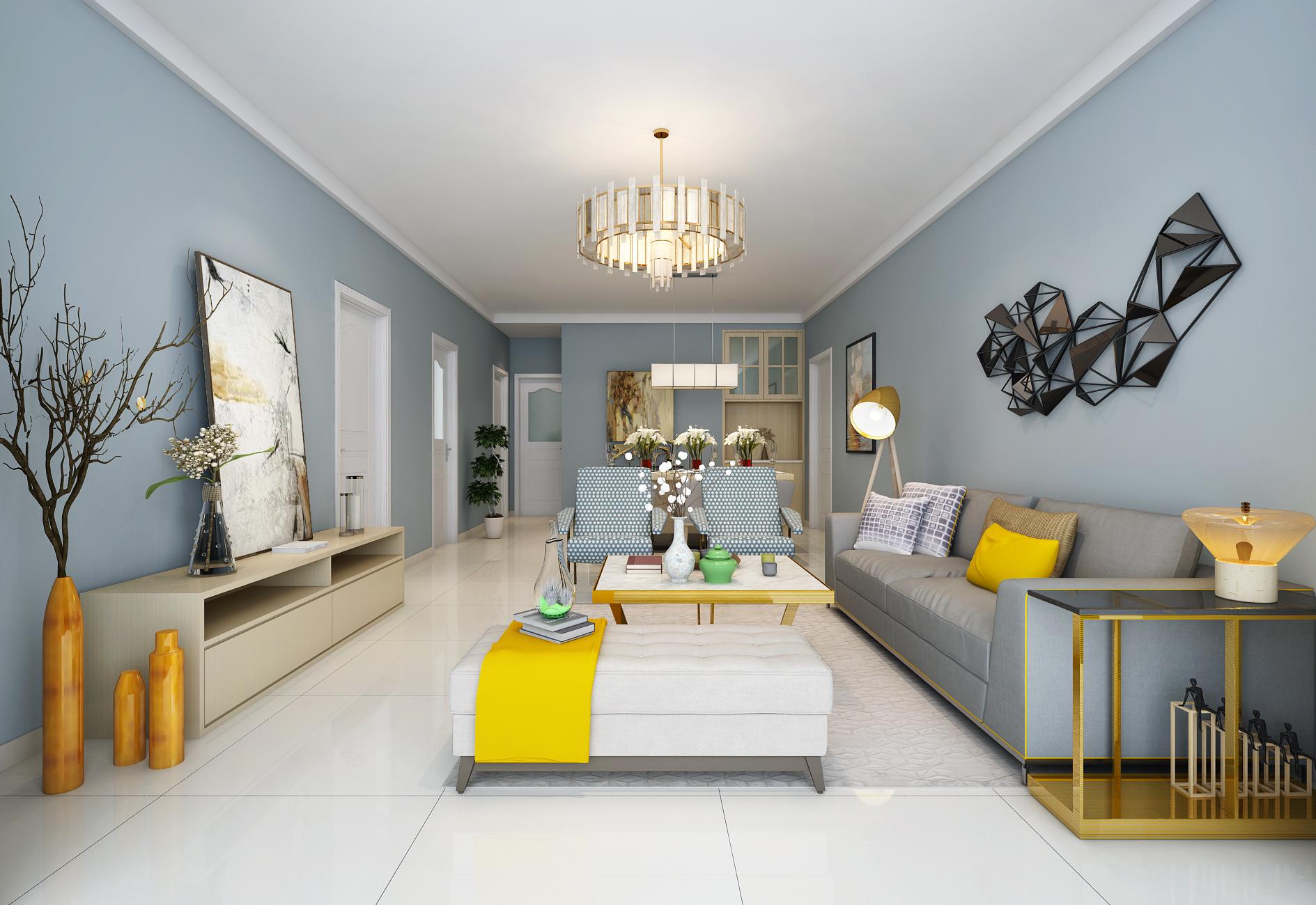 105平雾霾蓝现代简约风,不做吊顶不做背景墙居然还别有意境|吊顶|雾霾