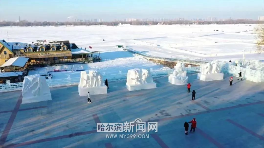福兔狂鲨雪熊斯大林公园创意雪雕成为松花江畔亮丽的风景
