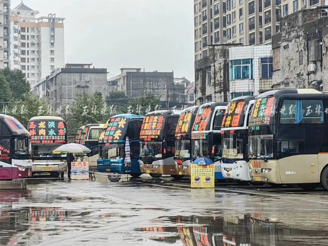 客运中心站停车场停着大巴车.