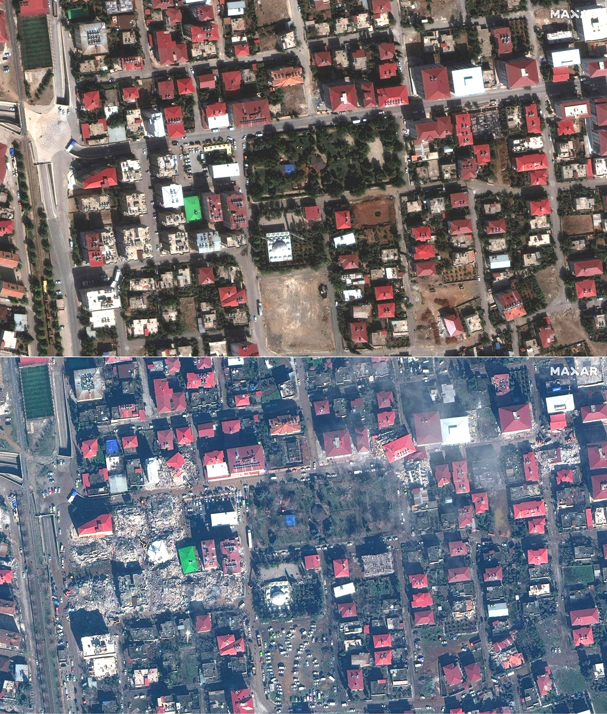 伊斯拉希耶地区地震前后：拍摄时间2022年10月4日（上图）、2023年2月7日（下图）
