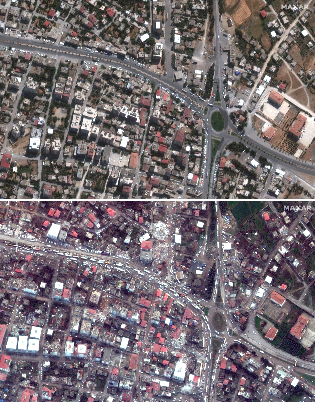 努尔达伊地区地震前后：拍摄时间2022年9月6日（上图）、2023年2月7日（下图）