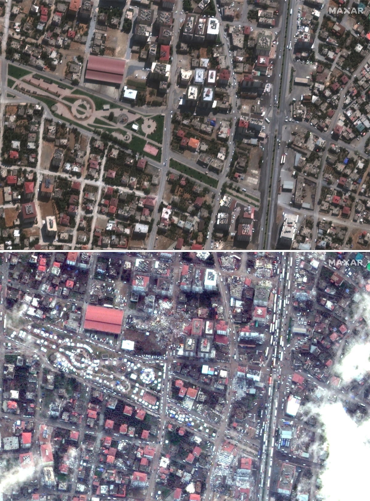 努尔达伊地区地震前后：拍摄时间2019年9月6日（上图）、2023年2月7日（下图）