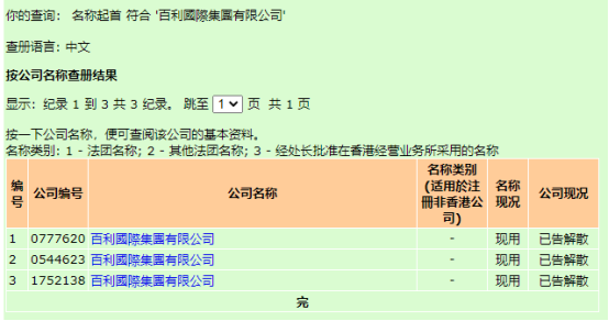搜索结果，数据来源：香港公司注册处网上查册中心