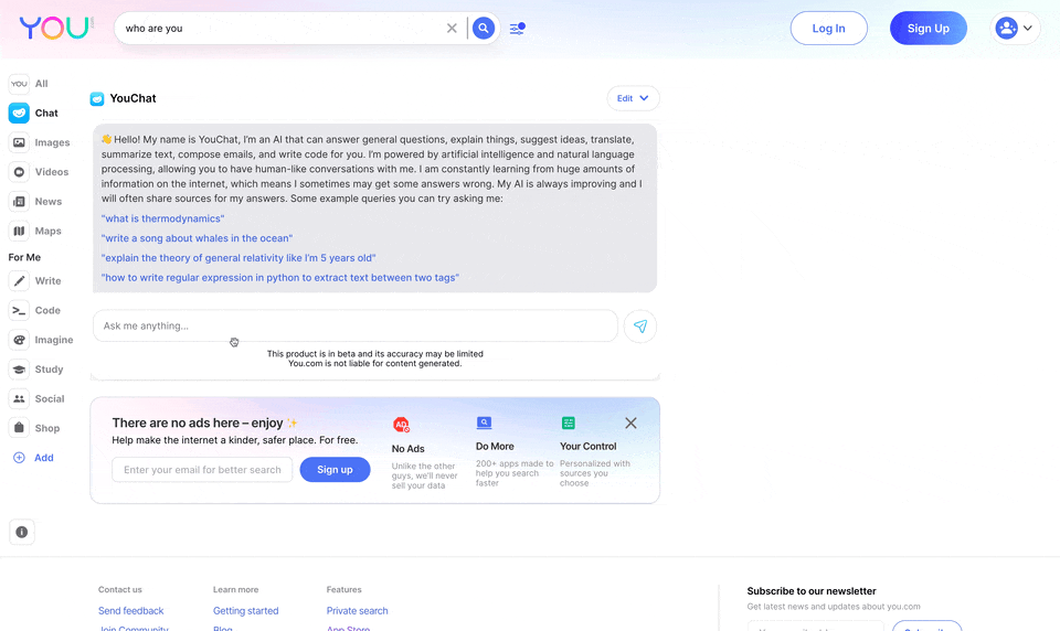 You.com上的YouChat聊天页面