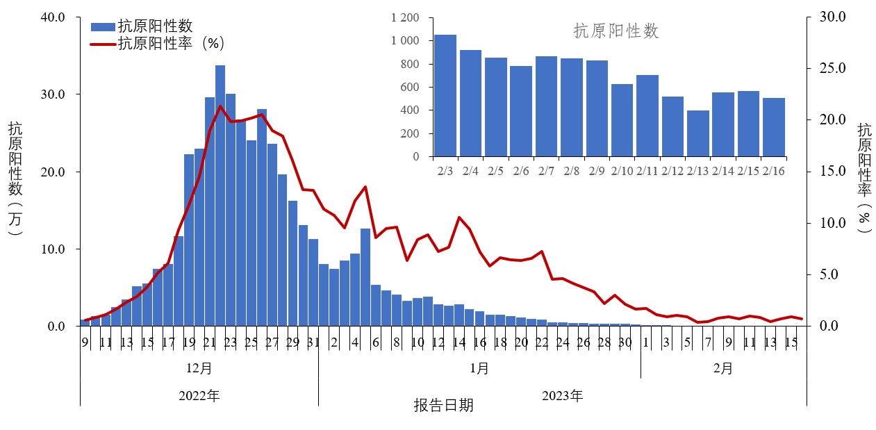 图1-2 全国报告人群新型冠状病毒抗原检测阳性数及阳性率变化趋势 (数据来源于31个省(区、市)及新疆生产建设兵团报告)