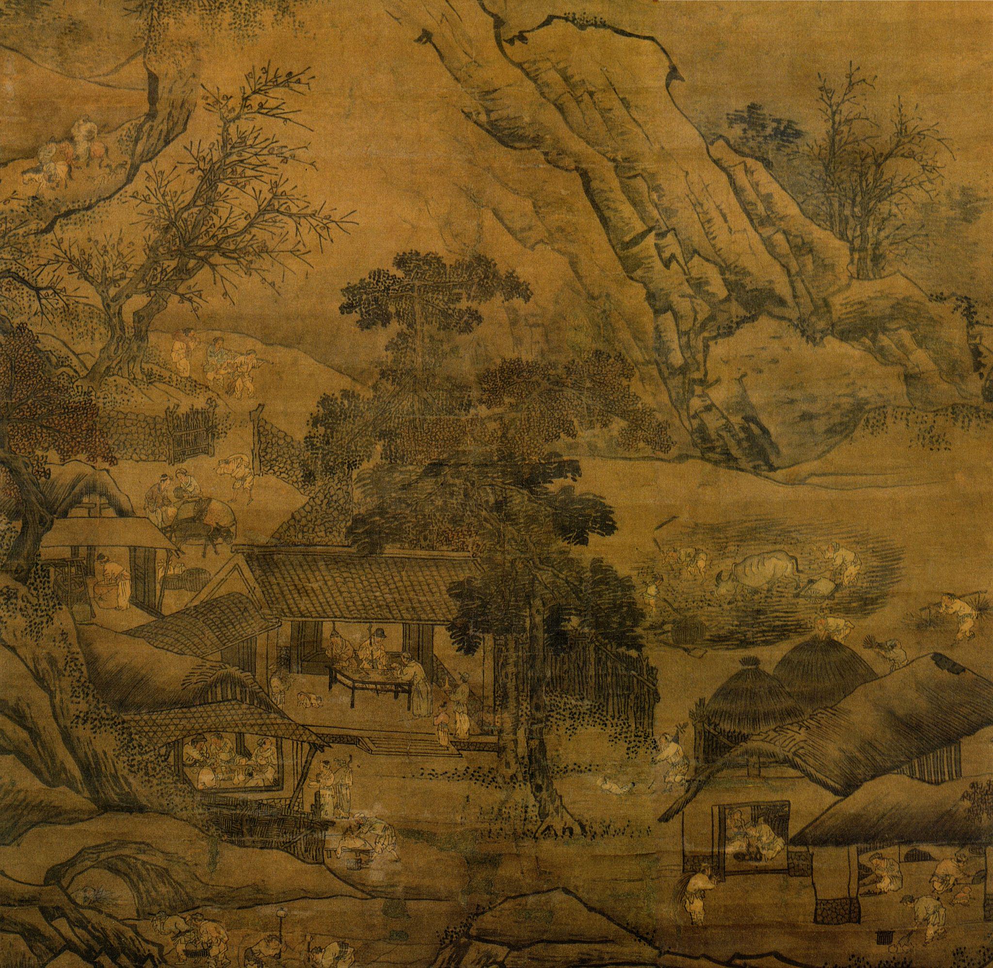 晓耕图,此画描绘了明朝江南农村农民的辛勤劳作场面.