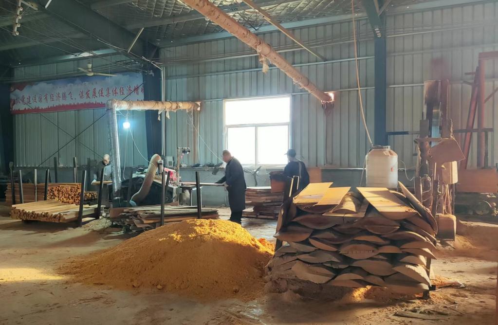 木材加工产业园的工人,对木料进行锯板截条. 新华社记者萧海川 摄