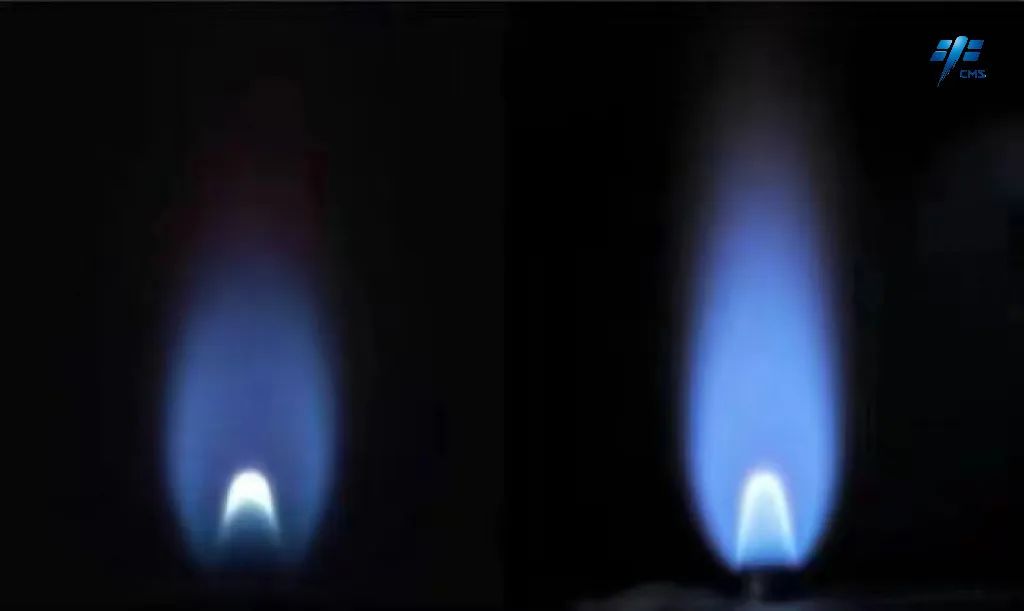 △空间站上甲烷燃烧图像（左）与地面同工况甲烷燃烧图像（右）