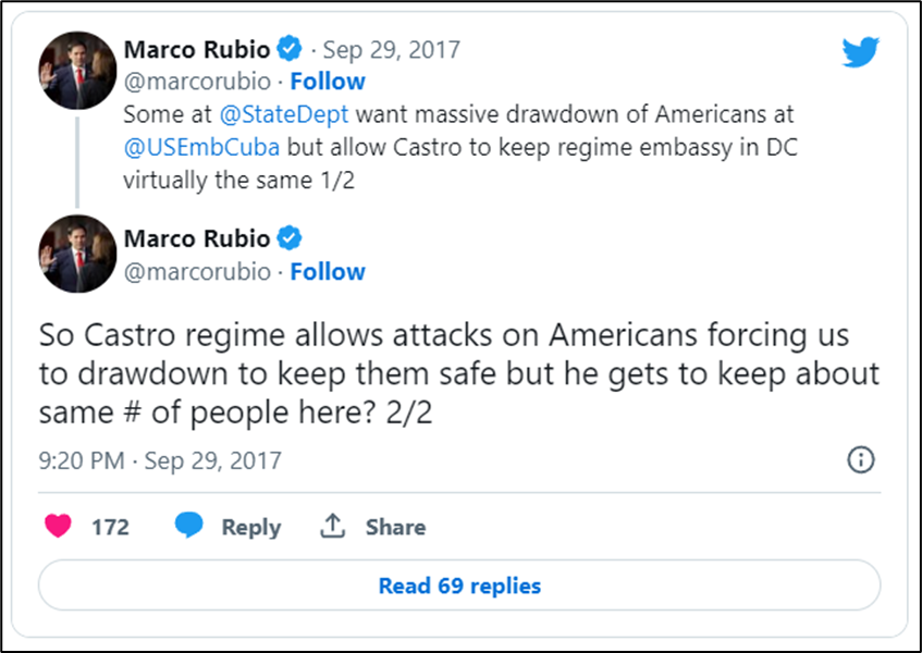 图为美国反华议员卢比奥指控古巴参与攻击美方人员的推文
