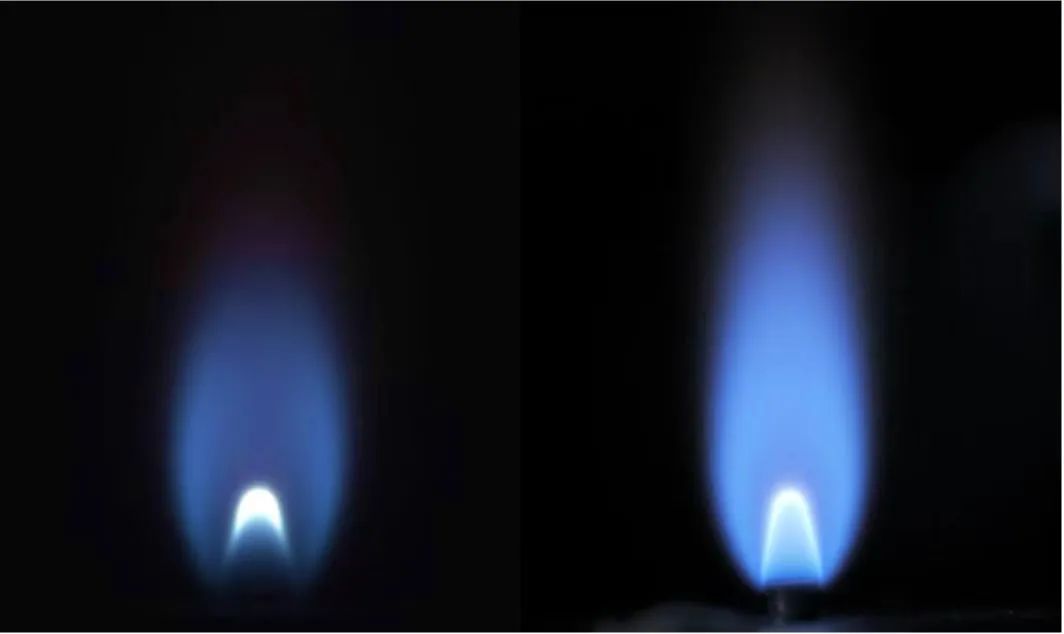 空间站上甲烷燃烧图像（左）与地面同工况甲烷燃烧图像（右）。图片来源：中国科学院工程热物理研究所、清华大学燃烧能源中心
