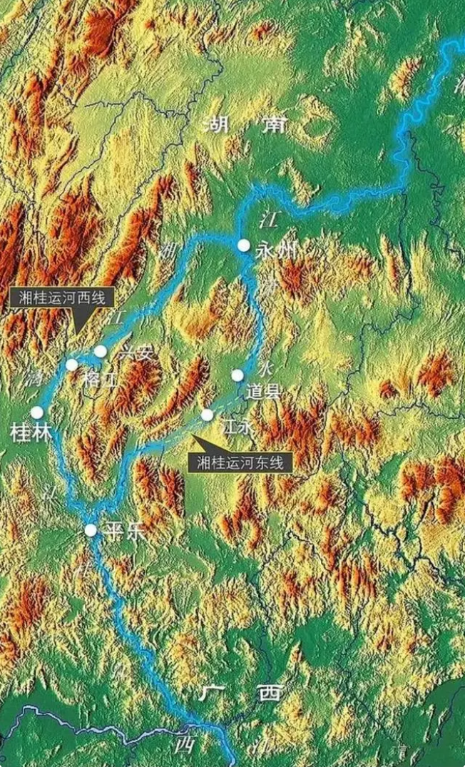 湘桂运河示意图:西线示意古灵渠,东线示意湘桂运河线路方案之一.