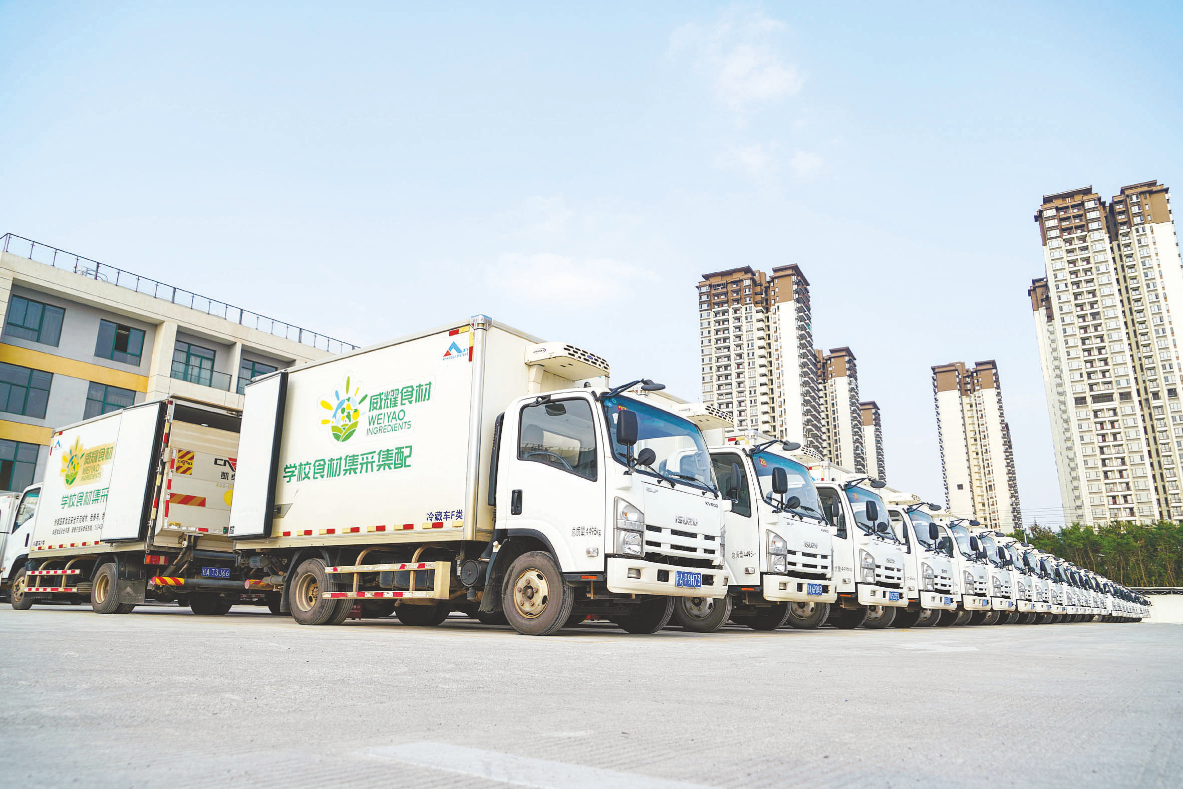 在五象配送基地,负责学校食材配送的专用车辆整齐停放.
