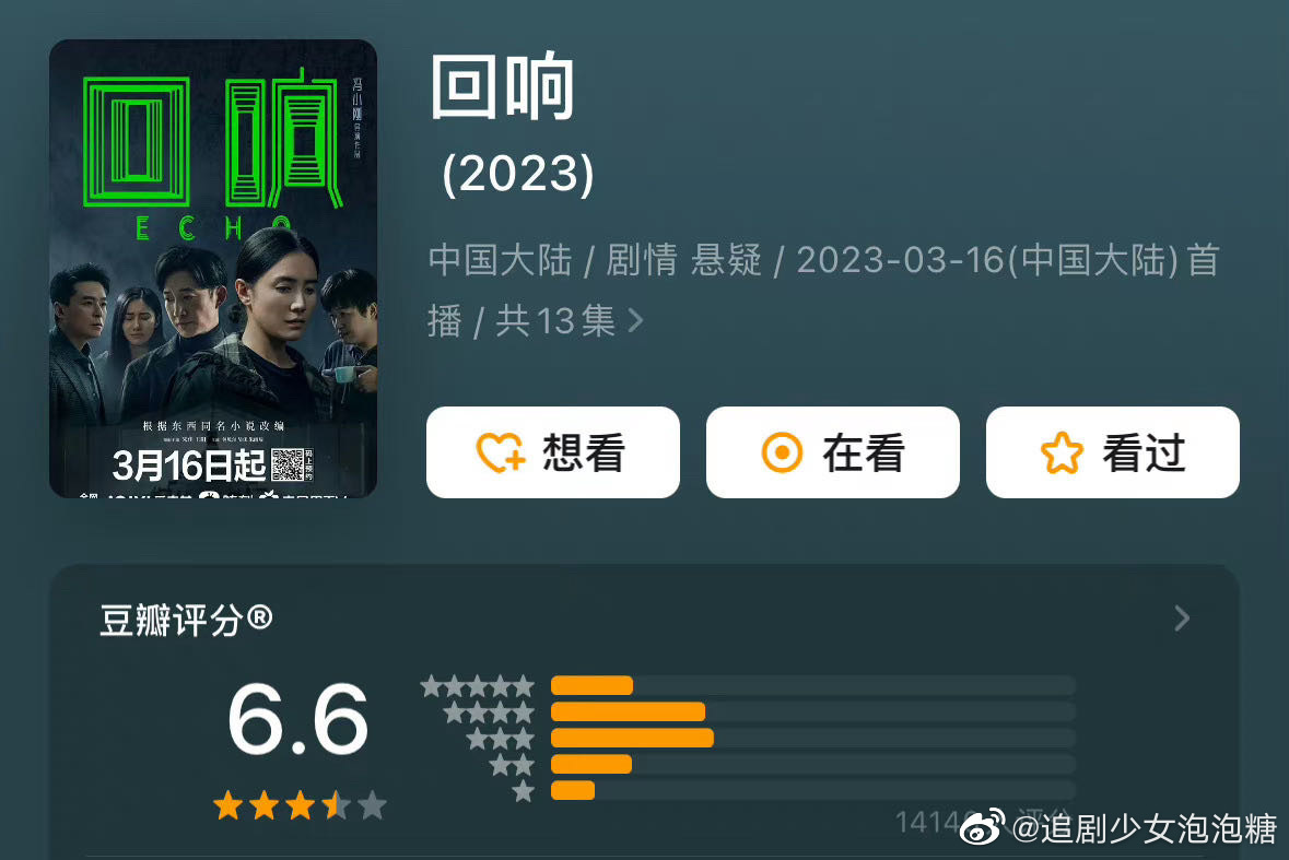 由冯小刚导演,宋佳、王阳主演的悬疑剧《回响》豆瓣评分6.6分……|回响|悬疑剧|宋佳_新浪新闻