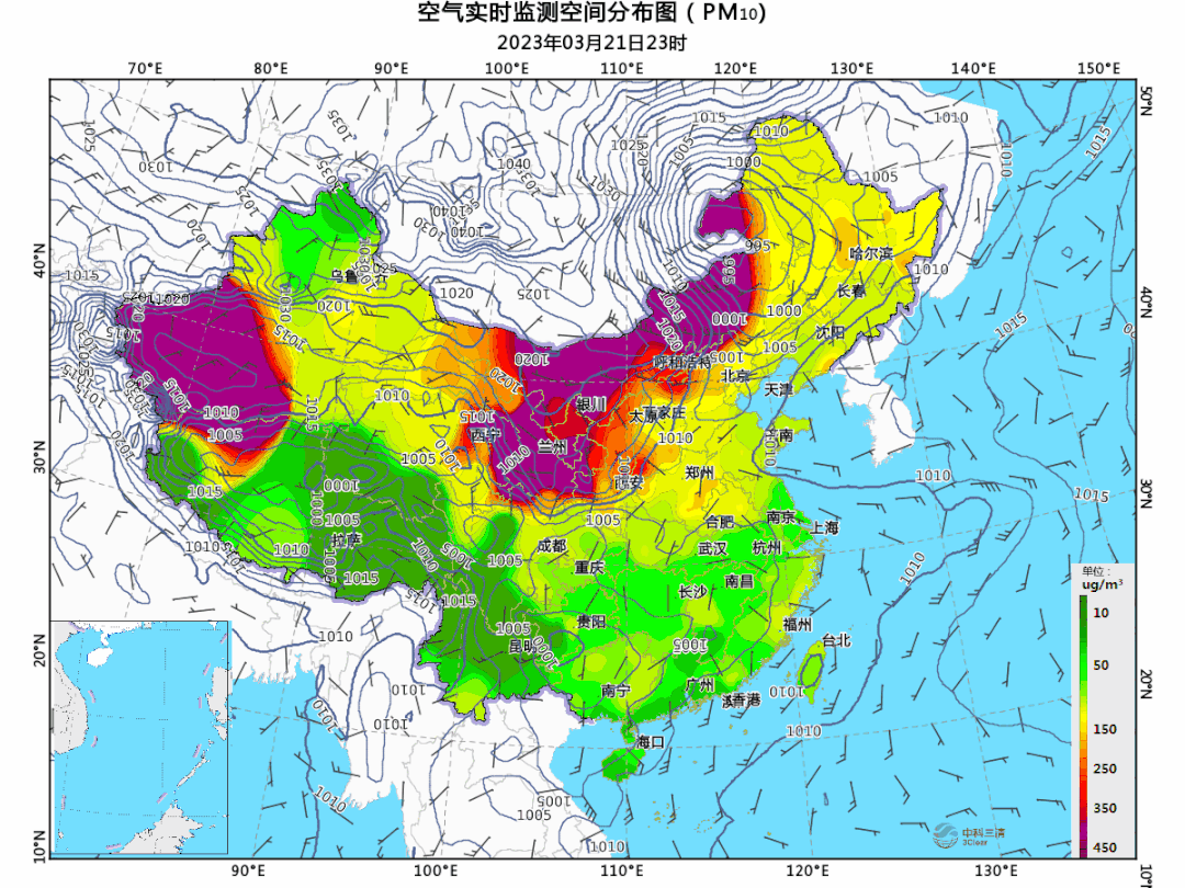 2023年3月21日23时-22日08时我国pm10浓度分布图
